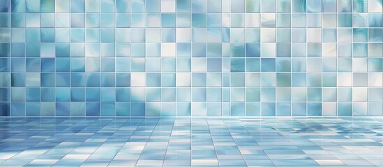 Poster - Blue light ceramic wall checkered and floor tiles mosaic background in bathroom and kitchen. Design pattern geometric with grid wallpaper texture decoration. Simple seamless abstract surface clean