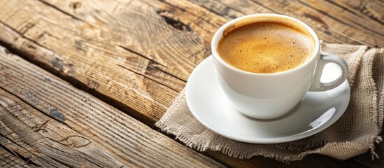 Aufkleber - Close-up of a cup of coffee on a wooden table. with copy space image. Place for adding text or design