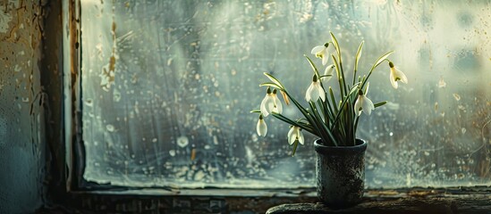 Aufkleber - Snowdrop flowers in a dirty window in the spring. with copy space image. Place for adding text or design
