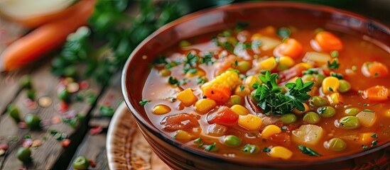 Aufkleber - Minestrone soup from zucchini and tomato, onion and carrots, corn and peas with parsley, a plate of soup close-up, vegetarian soup. Copy space image. Place for adding text or design