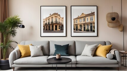 Two posters framed on the wall featuring buildings and furniture cushions in a nice living room.