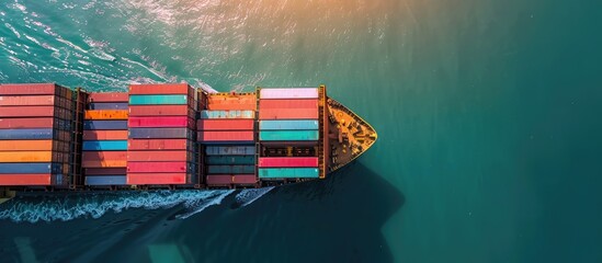 Poster - Aerial top view over international container cargo ship at industrial import-export port prepare to load containers with big container loader ship vessel. global transportation and logistic business