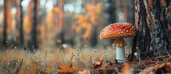 Poster - Mushroom growing in the forest broadleaf trees pastel background. with copy space image. Place for adding text or design