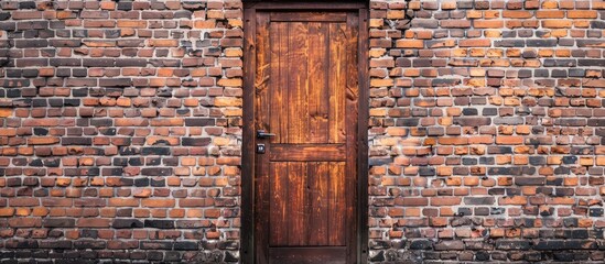 Poster - Wooden door on brick wall. with copy space image. Place for adding text or design