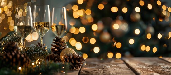 Poster - Gala dinner. Cooking at Christmas. New year's interior in the kitchen. Decorations: Christmas tree, garland, cones and glasses, gold and green. with copy space image. Place for adding text or design