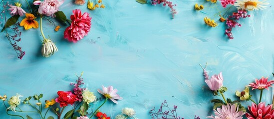 Poster - Beautiful flowers and stationery on light blue background, flat lay with space for text. Teacher's Day. Copy space image. Place for adding text or design