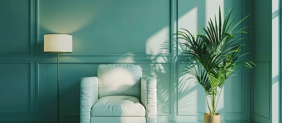 Poster - Armchair and potted plant in a room with mint lampshade. Copy space image. Place for adding text or design