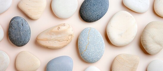 Poster - White River Pebble Stone. On a pastel background.  Texture. with copy space image. Place for adding text or design