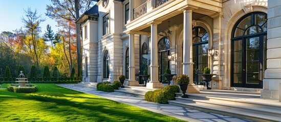 Poster - Beautiful exterior of newly built luxury home. Has yard with green grass and stately columns. with copy space image. Place for adding text or design