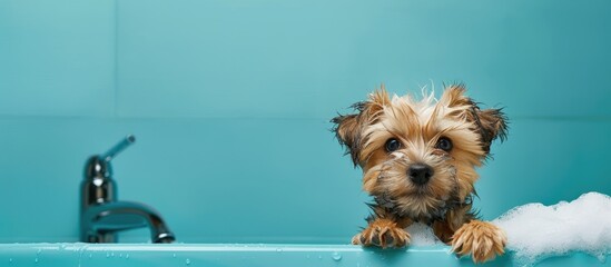 Wall Mural - puppy dog is groomed in the tub. Pet Grooming concept. Copy space image. Place for adding text or design