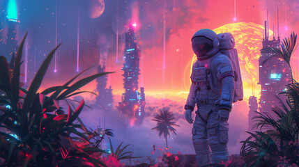 Wall Mural - An astronaut stands amidst a breathtaking futuristic city on a distant planet, bathed in vibrant colors and surrounded by lush greenery