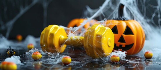 Yellow gym dumbbells and ceramic Halloween Jack O Lantern figurine pumpkins, covered with spider web. Healthy fitness lifestyle autumn or fall composition. Gym workout and sport training concept