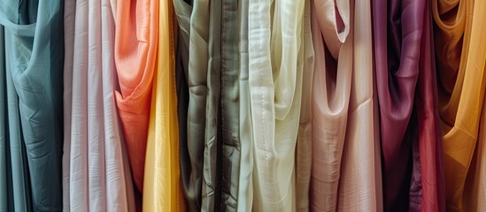 Poster - Beautiful curtains of different colors hang on the stand for sale. Curtains hang on the stand in the store. with copy space image. Place for adding text or design