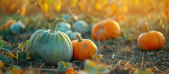Poster - green and orange pumpkins in garden or on fair. autumn harvest time. natural fall background. with copy space image. Place for adding text or design