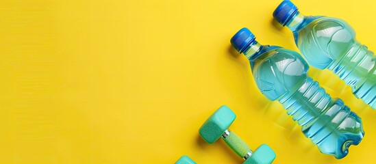 Poster - Banner. Healthy lifestyle. Sports blue water bottle and two green dumbbells isolated on yellow background. Sport equipment. Fitness concept. Copy space for design