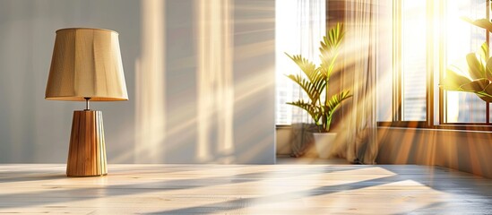 Aufkleber - A wooden lamp standing in an office being reflected bu sun rays. with copy space image. Place for adding text or design