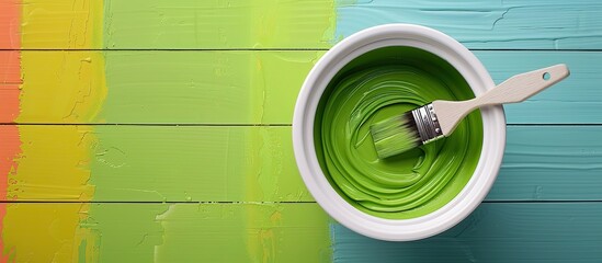 Poster - Looking down on a paintbrush sitting in a white paint kettle filled with lime green paint on light multicoloured floor boarding . with copy space image. Place for adding text or design