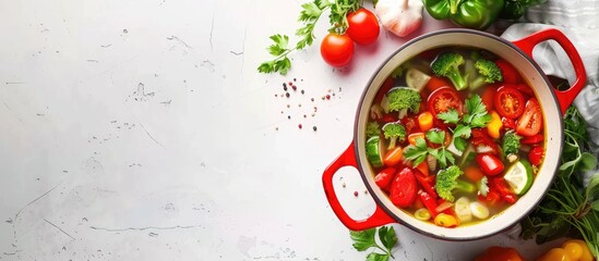 Aufkleber - Big red pot for soup with vegetables. Copy space image. Place for adding text or design