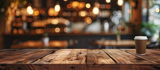 Poster - Coffee shop blur background with bokeh and brown wood table image. with copy space image. Place for adding text or design