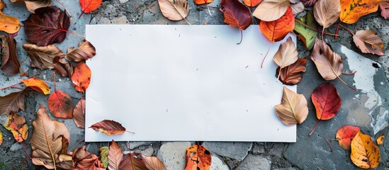 Wall Mural - A4 white paper placed on the cement floor and the leaves fell on it. pastel background. with copy space image. Place for adding text or design