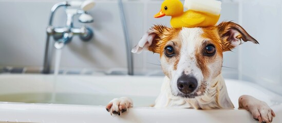 Aufkleber - Dog sitting in bathtub with duck on her head and sponge in the mouth. with copy space image. Place for adding text or design