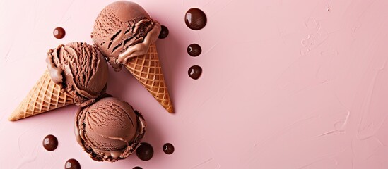 Poster - classic chocolate ice cream with drops Isolated on pastel background. with copy space image. Place for adding text or design