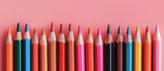 Poster - Colorful wooden pencils in row on pastel background. with copy space image. Place for adding text or design