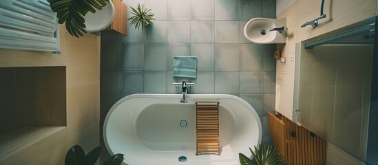 Poster - a bathroom with a sink, mirror and bathtub next to the tub in this photo is taken from above. with copy space image. Place for adding text or design