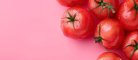 Poster - Red tomatoes  can be used as background pastel background. with copy space image. Place for adding text or design