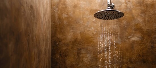 Wall Mural - A shower head and an oval-shaped faucet in the bathroom against a brown wall. with copy space image. Place for adding text or design