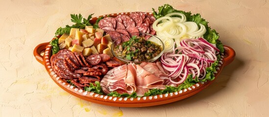 Aufkleber - Delicious ukrainian cold cuts platter. Served with marinated onions on brown clay plate. Isolated on a pastel background. with copy space image. Place for adding text or design