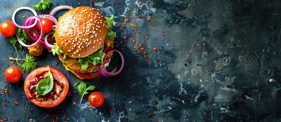 Aufkleber - Vegan falafel burger with vegetables and sauce, dark background. Healthy food concept. Copy space image. Place for adding text or design