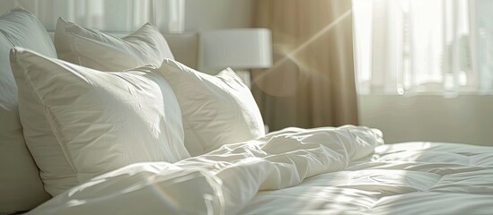 comfortable white pillows decoration on bed. with copy space image. Place for adding text or design