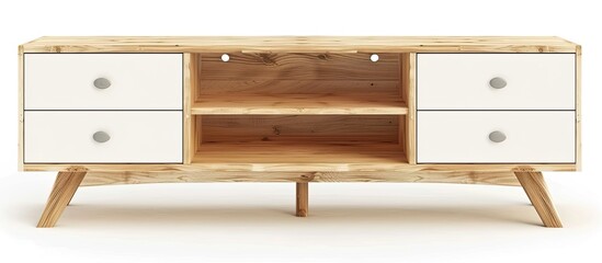 Aufkleber - White wooden TV stand, bureau, commode with boxes. Modern designer, commode isolated on white background. Series of furniture. Copy space image. Place for adding text or design
