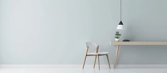 Poster - wooden chair and table with modern lamp in working space interior design. with copy space image. Place for adding text or design