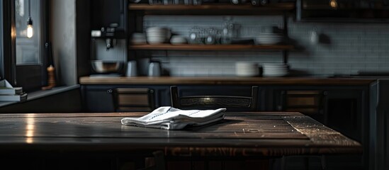 Wall Mural - dark interior of kitchen and restaurant with napkin and desk . with copy space image. Place for adding text or design
