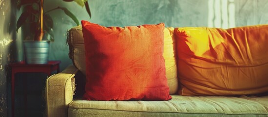 Poster - Pillow on sofa decoration interior - Vintage Film Filter. with copy space image. Place for adding text or design