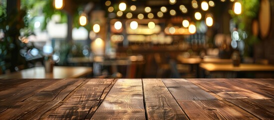 Aufkleber - Wood table and blurred coffee shop interior background and lighting bokeh. with copy space image. Place for adding text or design