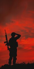 Wall Mural - Dramatic silhouette of a soldier with a rifle in salute.