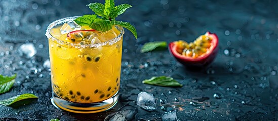 Poster - passionfruit cocktail on a dark background. Tropical drink for summer party. Alcoholic cocktail with fresh passion fruit. Copy space image. Place for adding text or design