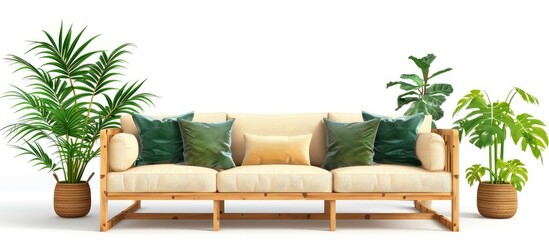 Poster - Stylish living room interior with comfortable wooden sofa and beautiful houseplants. with copy space image. Place for adding text or design