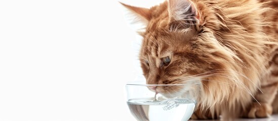 Poster - Norwegian Forestcat, sitting side ways, drinking water from glass bowl. Isolated on white background. Copy space image. Place for adding text or design