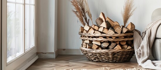 Aufkleber - Basket with firewood on floor in living room. with copy space image. Place for adding text or design
