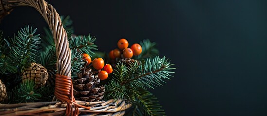 Aufkleber - In wicker basket, branch of christmas tree with garland in against of black background. with copy space image. Place for adding text or design