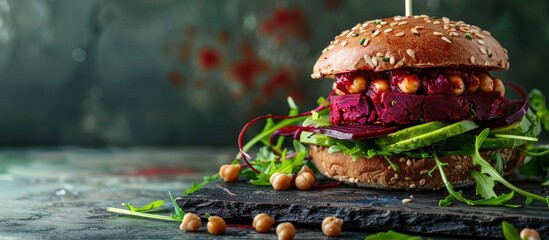 Aufkleber - Vegetarian burger made of beetroot, broccoli and chickpeas with avocado and arugula. Copy space image. Place for adding text or design