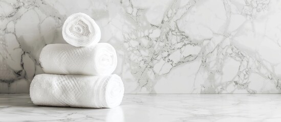 Poster - Pile of paper towels on the white marble surface against white wooden wall pastel background. with copy space image. Place for adding text or design