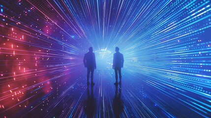 two people standing in the middle of an endless digital tunnel, glowing blue and yellow lights on either side of them illuminating their silhouettes