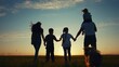 © maxximmm - people in the park silhouette. happy family kid dream holiday concept. friendly family holding hands walking dog at lifestyle sunset in the park silhouette. big family silhouette walk in the park