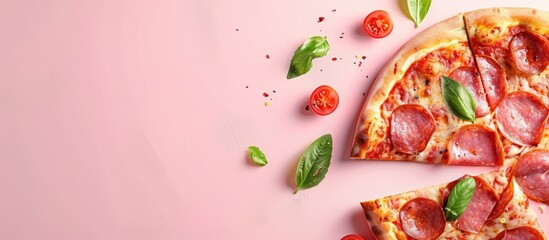 Wall Mural - tasty pizza cuisine pastel background  Logo  Food  Isolated. with copy space image. Place for adding text or design