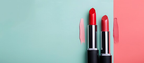 Poster - Red lipstick set Isolated on pastel background  Woman. with copy space image. Place for adding text or design